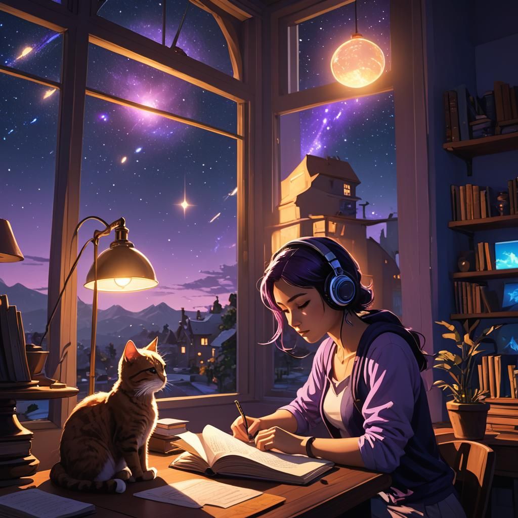 Lofi Girl Studying with Cat at Night