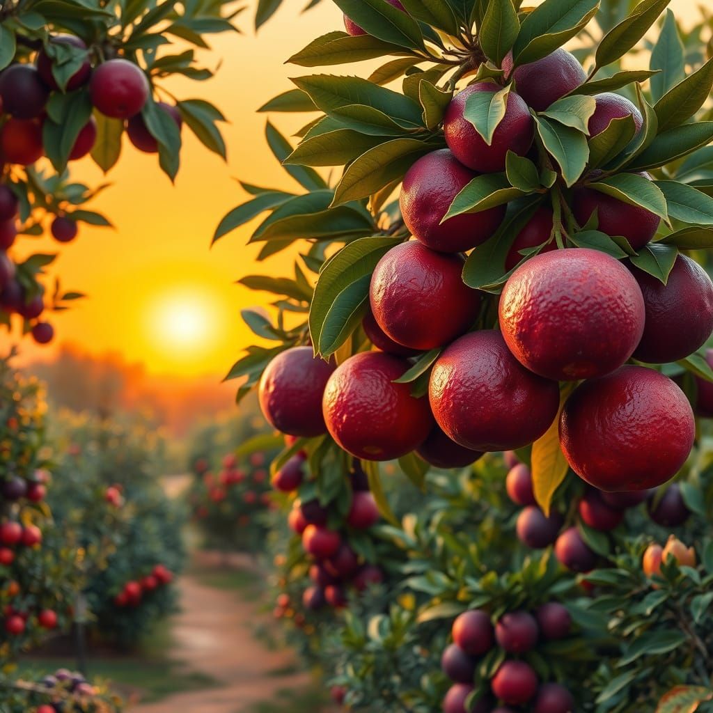 Lush Fruit Grove Under Warm Sunset Glow