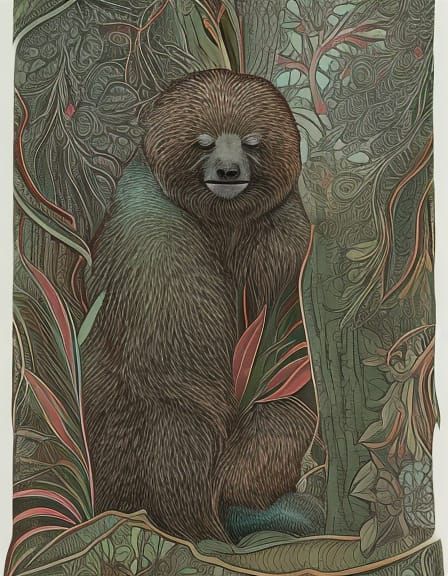 Happy Sloth in Watercolor Line Art