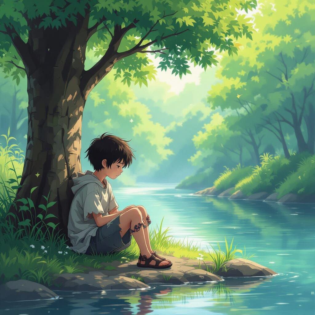 Anime-Style Boy by River with Lush Greenery