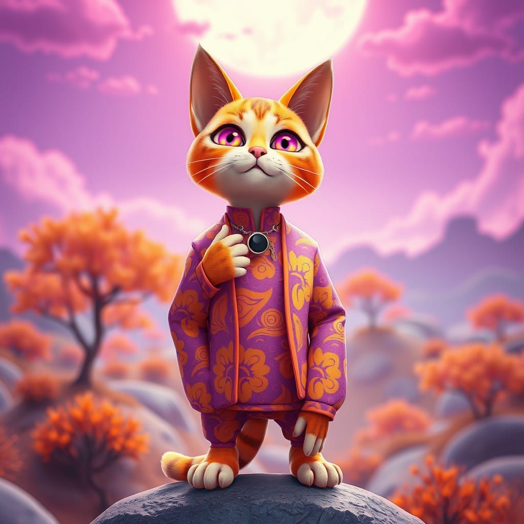 Surreal Cat Enjoys Dreamlike Purple Skies and Orange Trees i...