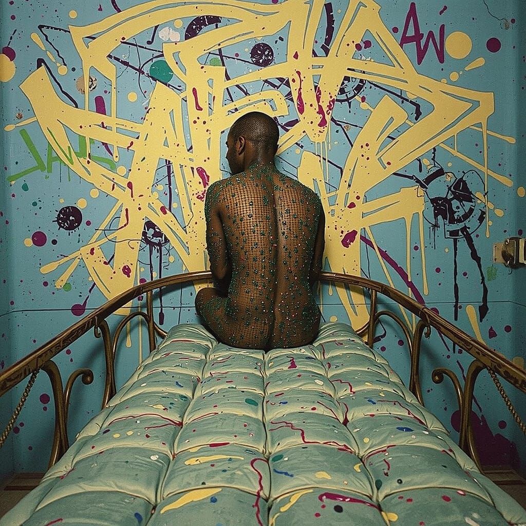 Beaded Figure on Velvet Bed, Cinematic Film Still