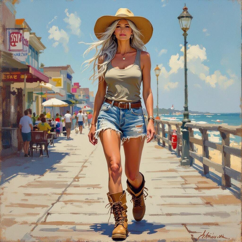 Impressionistic Woman on Boardwalk in Summer Attire
