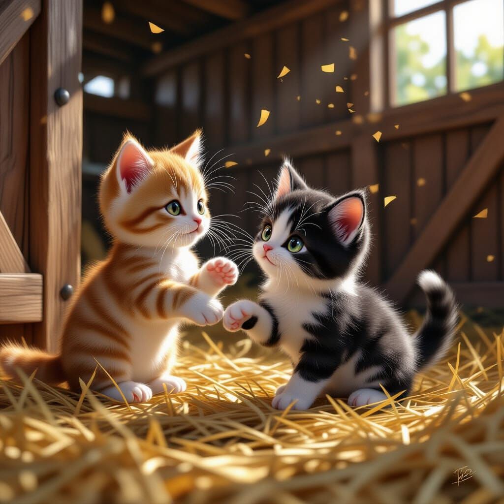 Kittens Play in Barn: Detailed 3D Anime Art