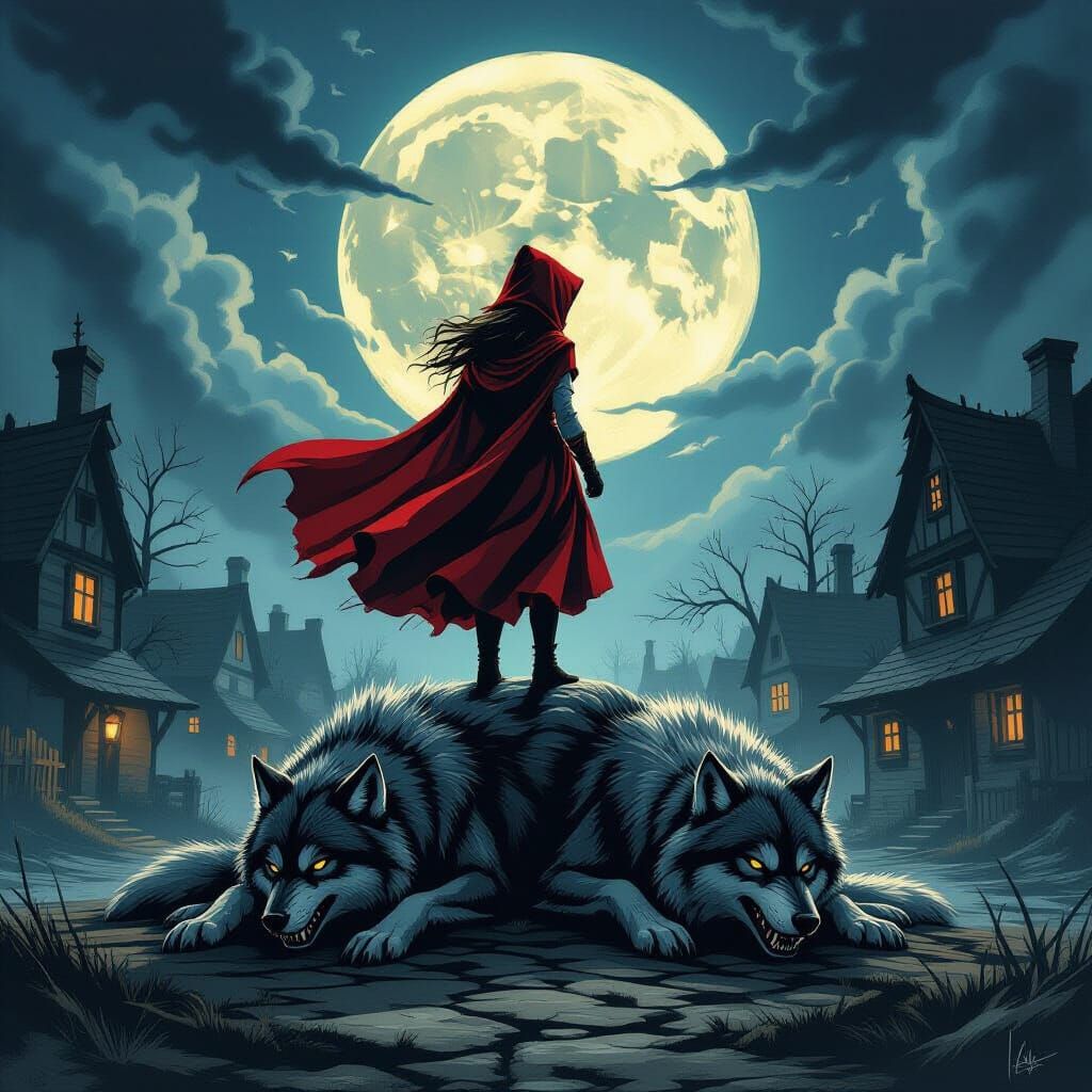 Little Red Riding Hood Triumphs Over Wolves in Moonlit Squar...