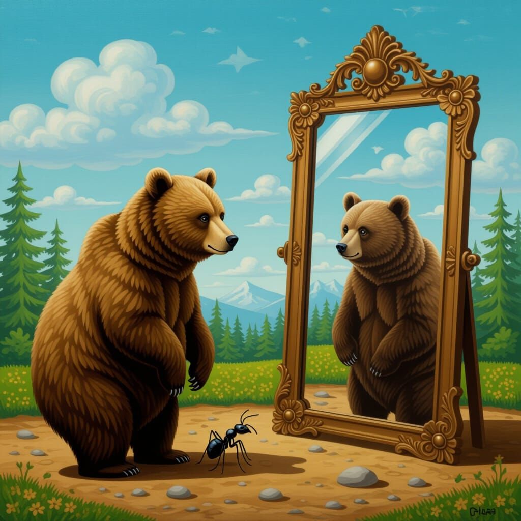 Brown Bear and Ant Before Mirror: Dreamy Surrealist Painting