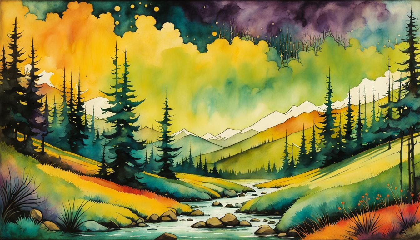 Rocky Mountains: Verdant Watercolor Fantasy Art