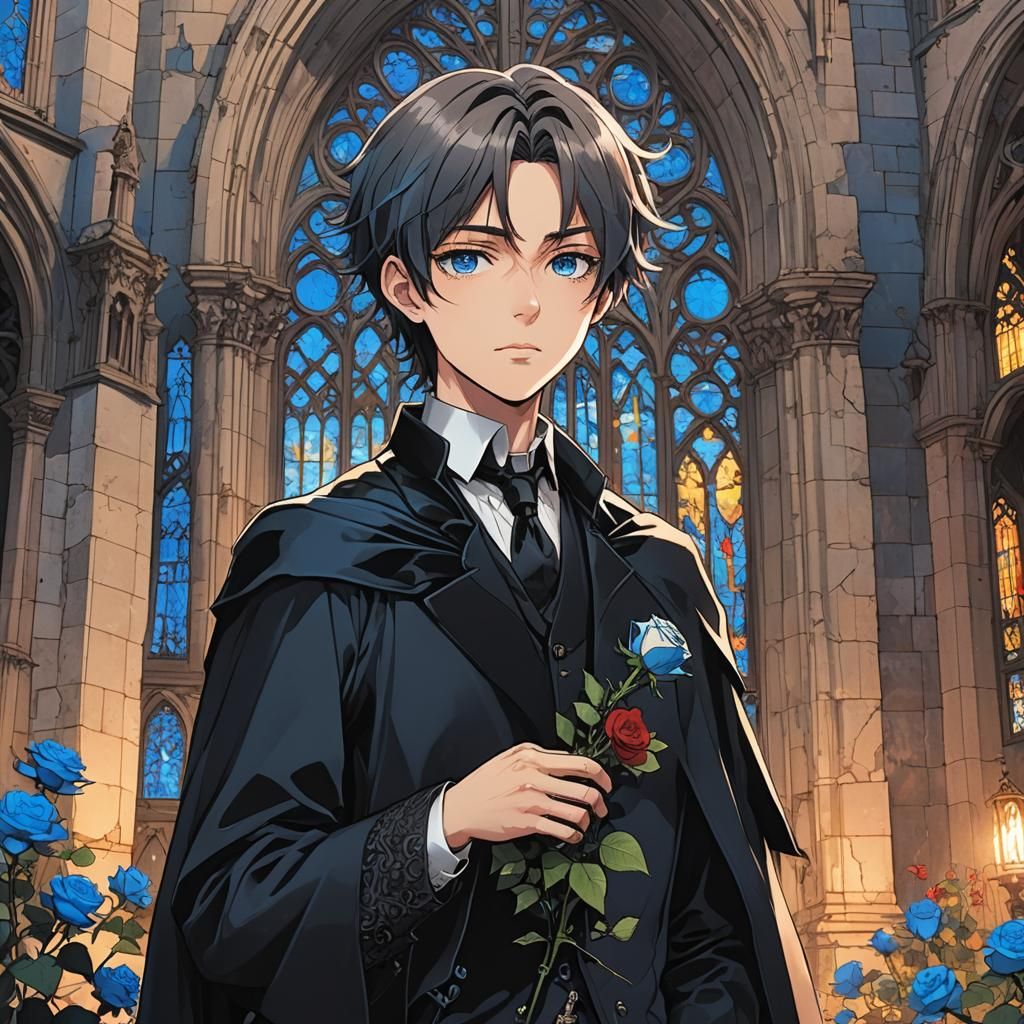 Anime Boy with Blue Roses in Gothic Setting