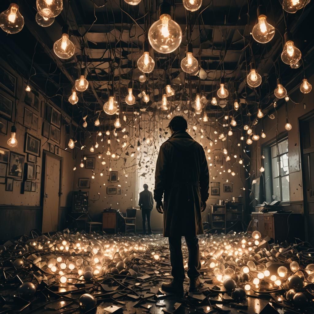 Ominous Surrealism: Figure in Shattered Lightbulb Room
