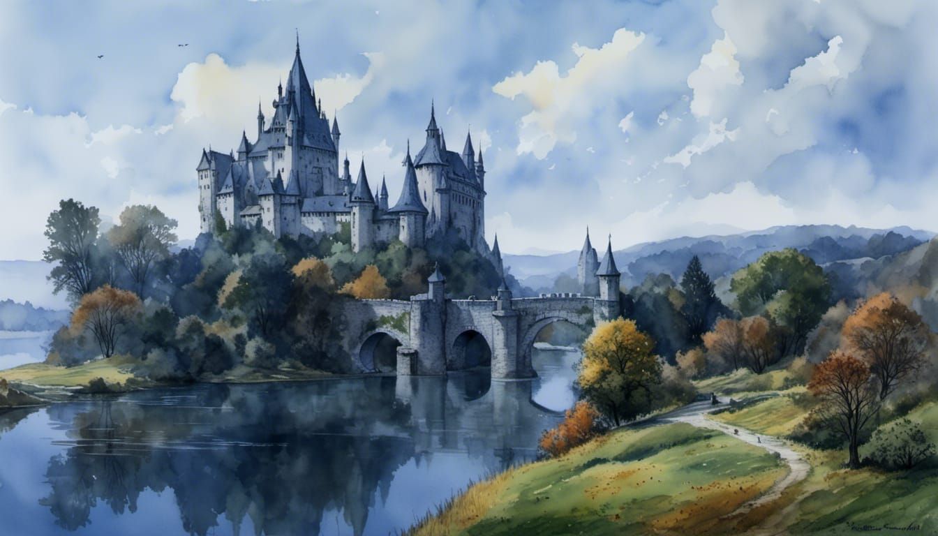 Autumnal Castle on a Lake with Green Banners