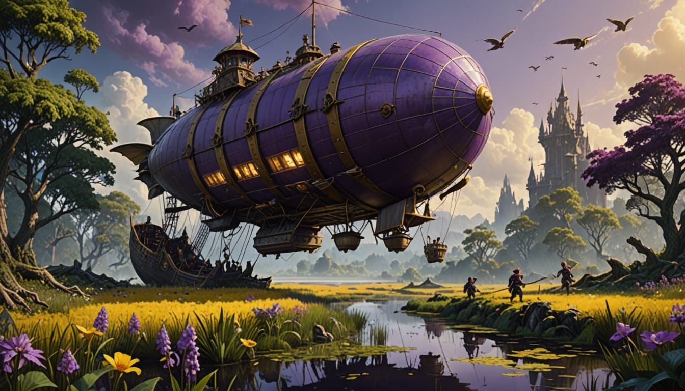 Fantasy Airship Battle in Dark Swamp Landscape