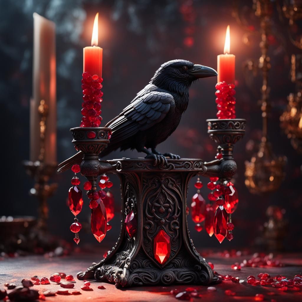 Luxury Gothic Candleholder with Raven and Gemstones