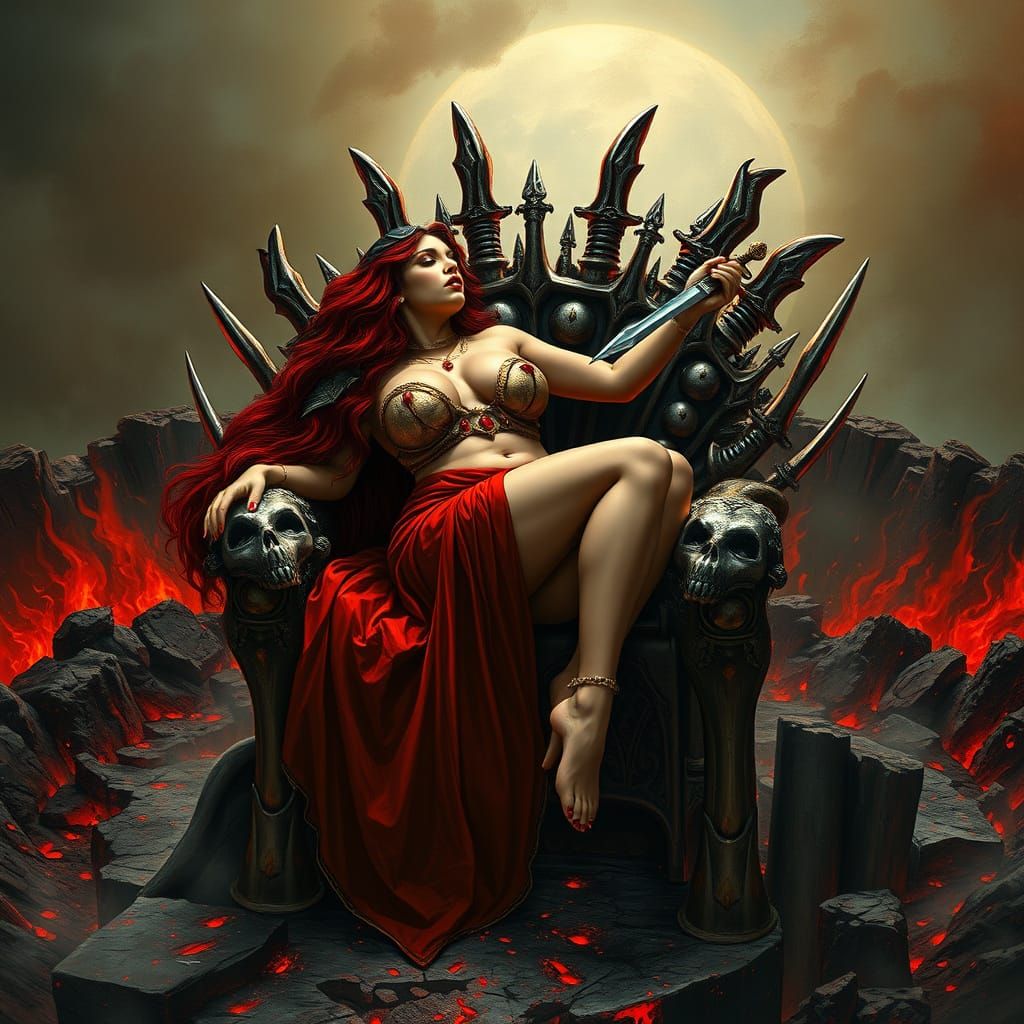 Goth Goddess on Volcanic Throne, Dark Fantasy Art