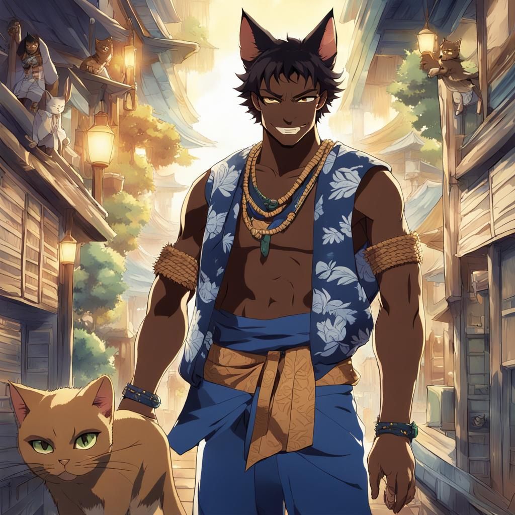 Samoan Cat-Man in Toshihiro Watanabe Anime Style