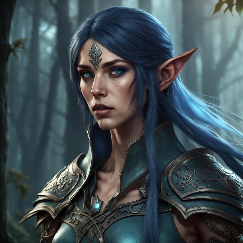 Elven Ranger with Blue Hair: Fantasy Art