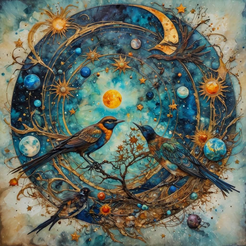 Celestial Birds: A Retrosurreal Impressionistic Masterpiece