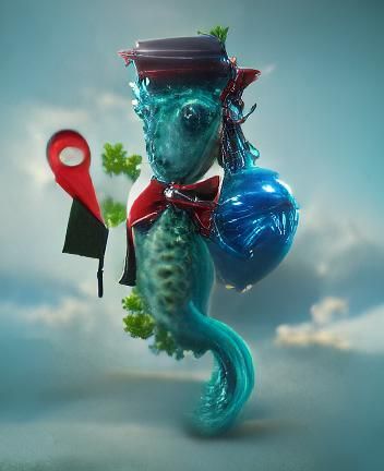 A Blue Green Seahorse Wearing a Red Bow tie, a Sailor Hat, and holding a balloon