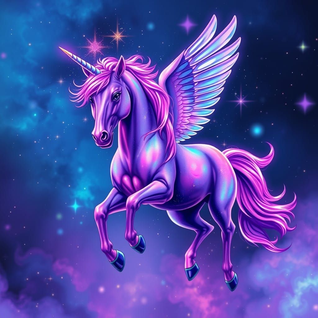 Vibrant Cosmic Unicorn Pegasus in Holographic Nebula