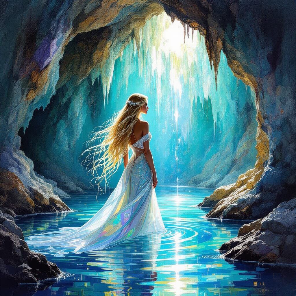 Goddess of Light Emerging from Crystal Grotto as Impasto Pai...