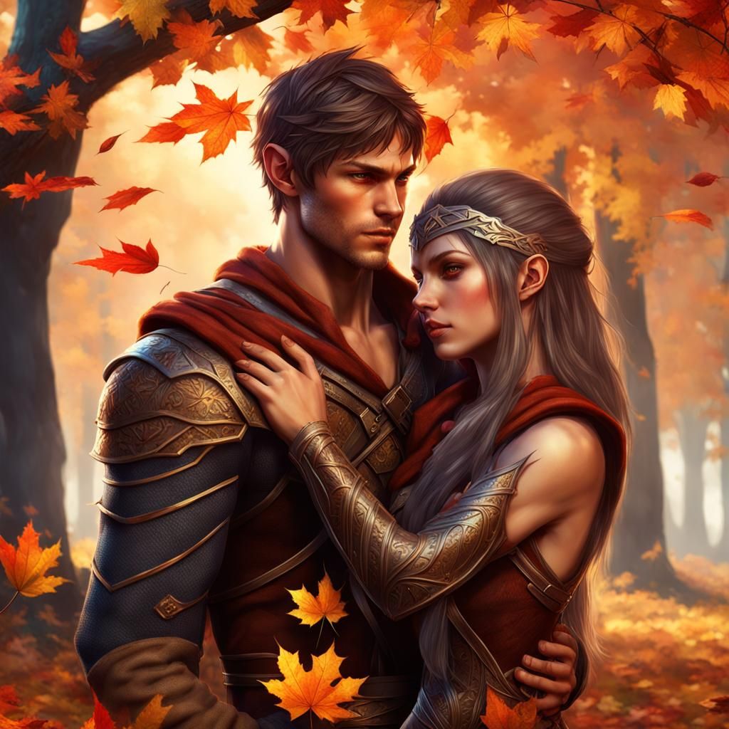 Elven Assassin and Mage Embrace in Autumn