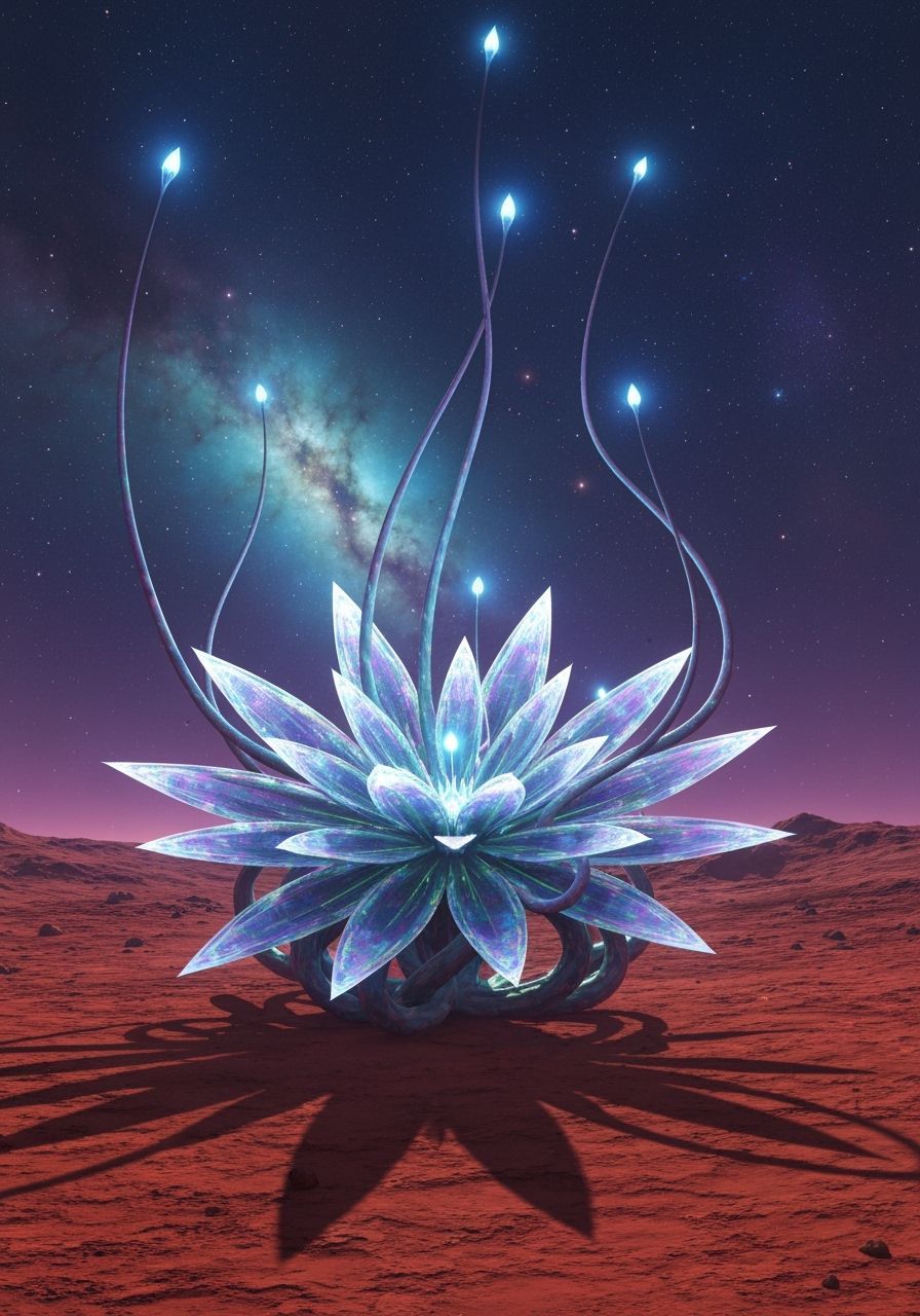 Bioluminescent Plant on Alien Planet Under Nebula Sky