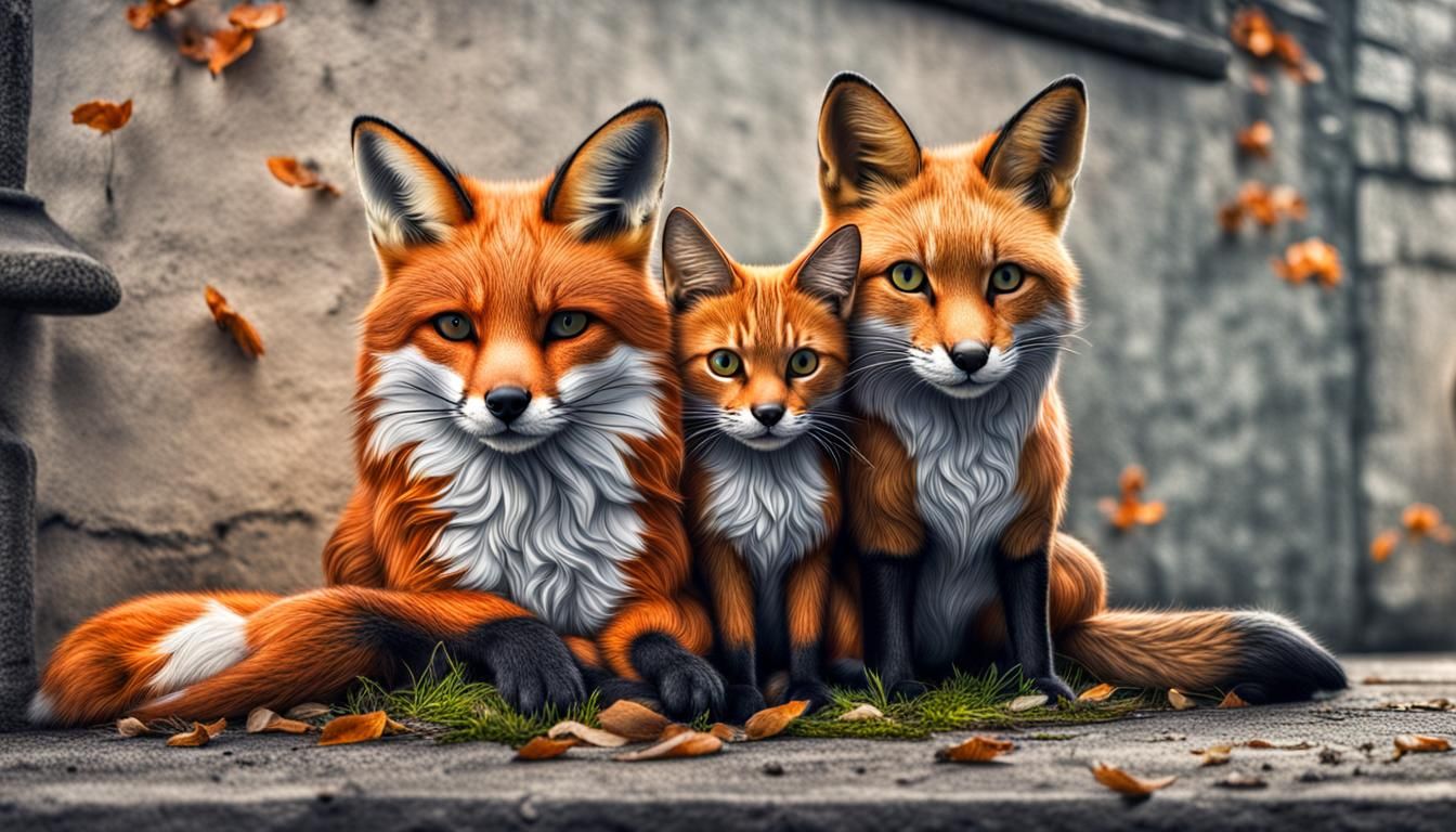 Fox and Cat Chilling in Hyperrealistic Style