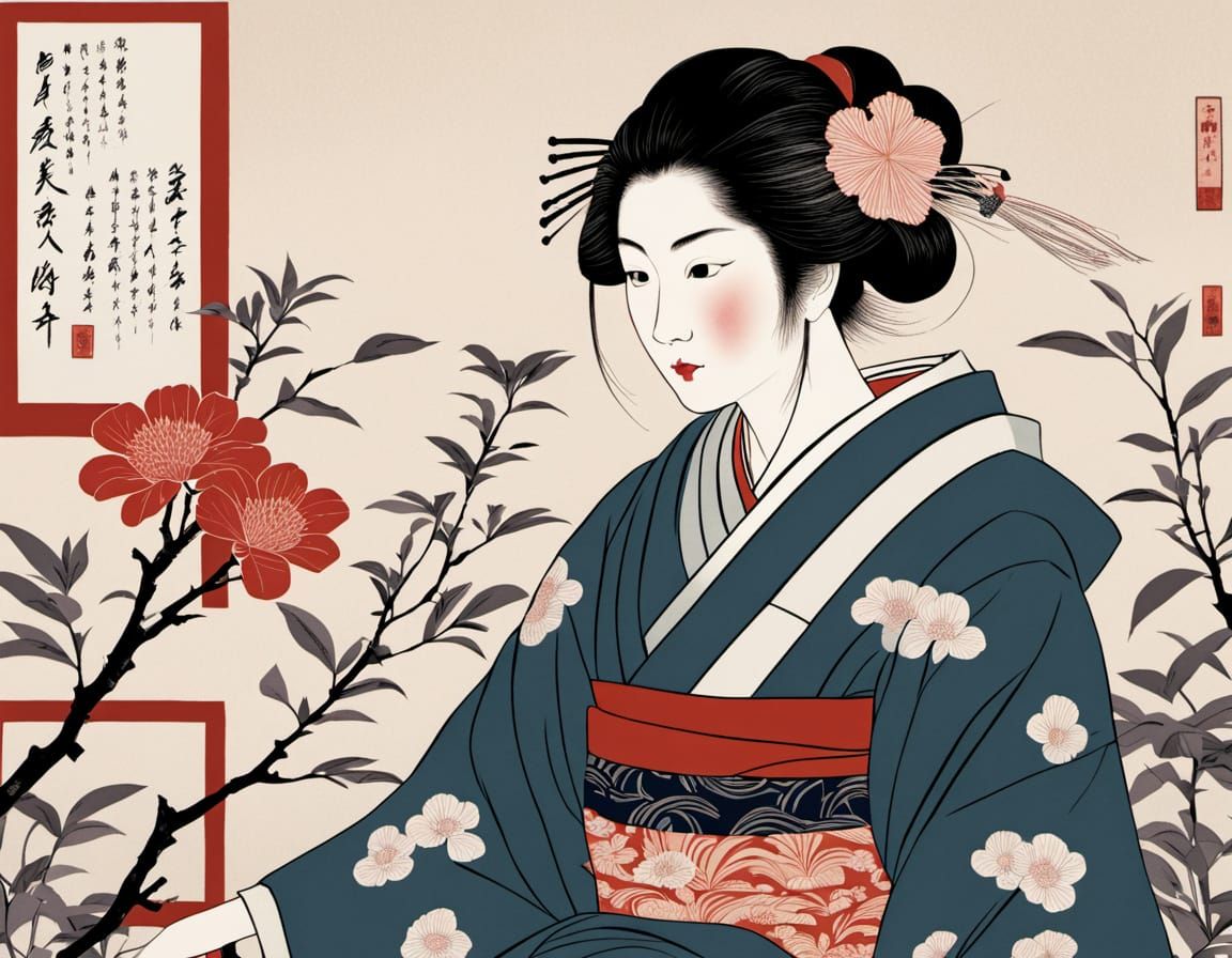 Elegant Heian-Era Woman in Utamaro Style