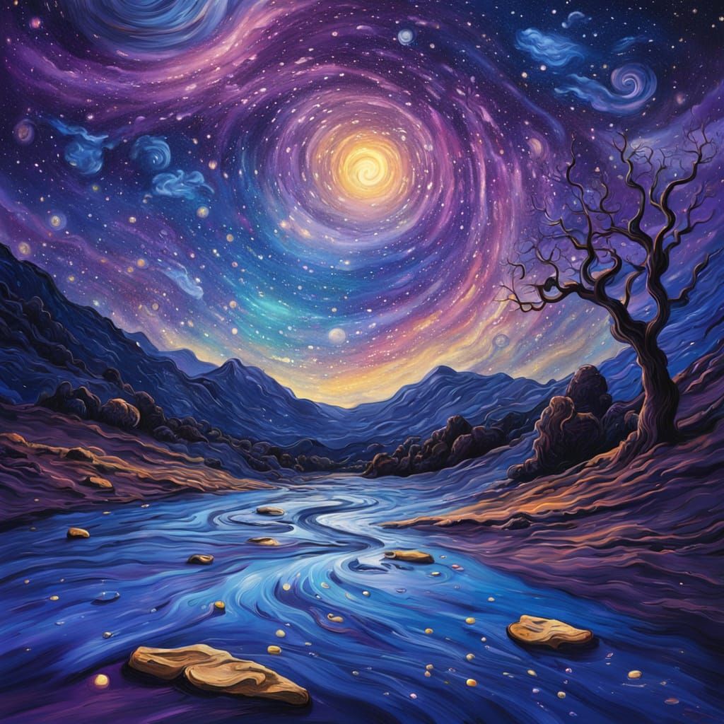 Paint Can Spills Starry Night in Van Gogh Style