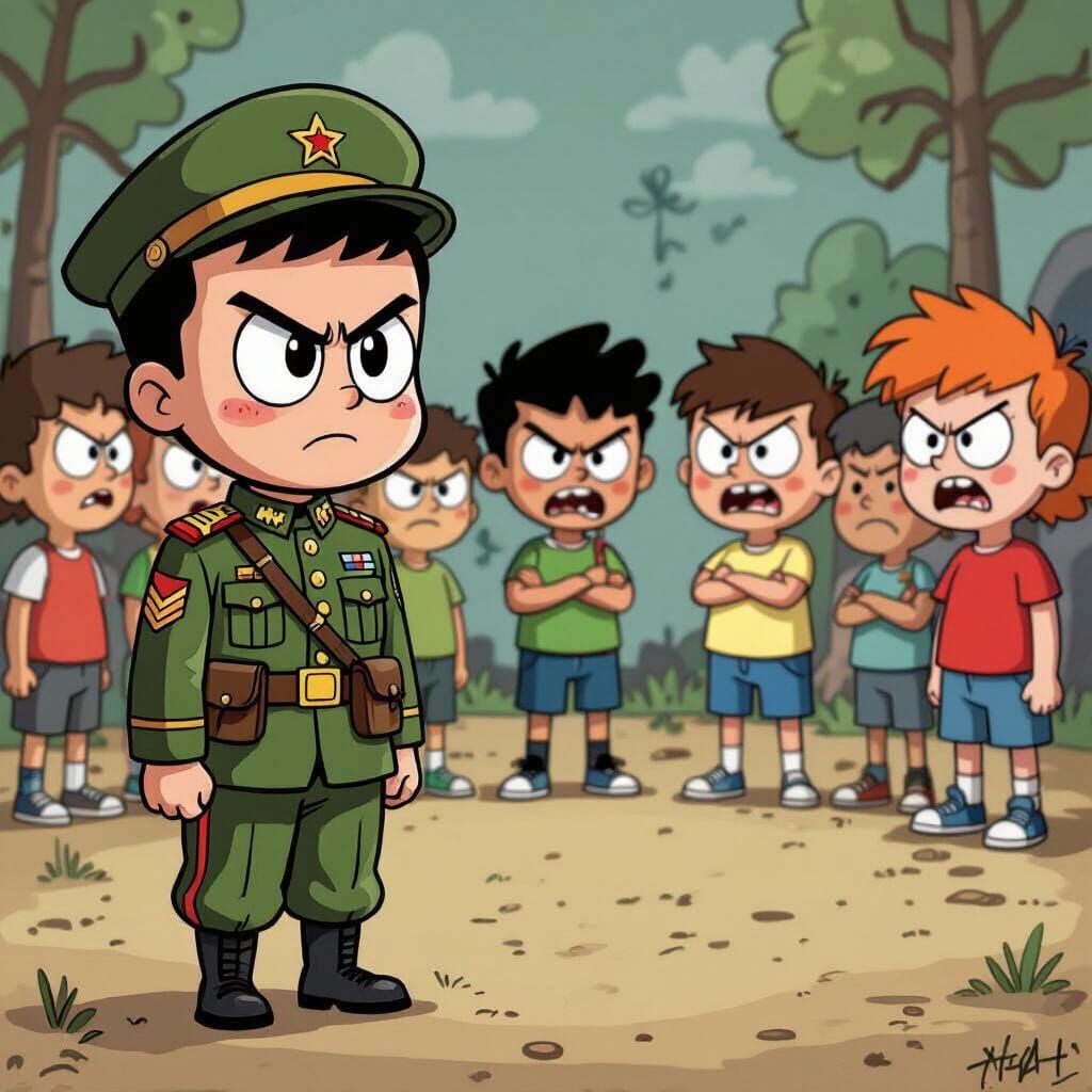 Cartoon Child Soldier Stands Apart, Vibrant Colors