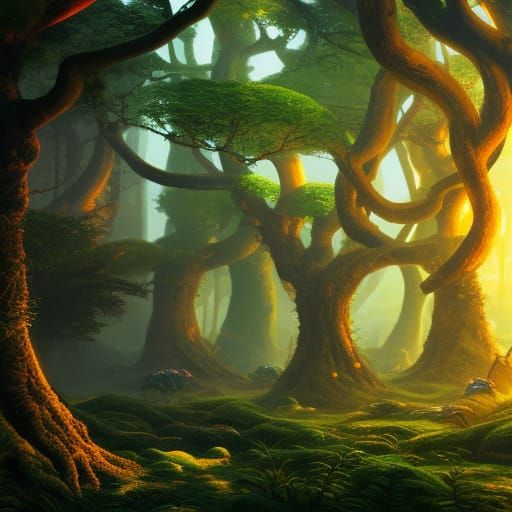 Glowing Snail in Fantastical Forest, Matte Painting