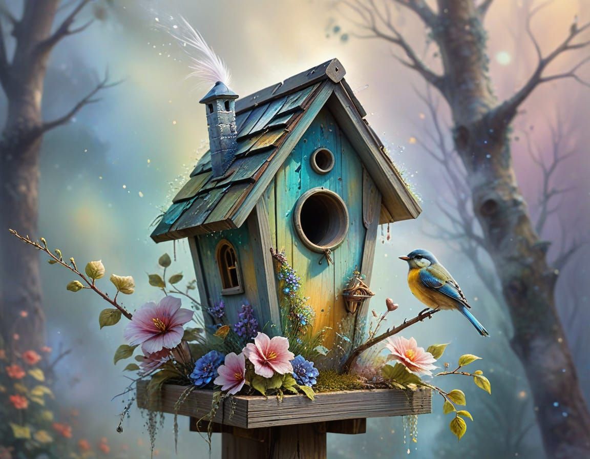 Whimsical Birdhouse in Watercolor with Fractal Elements