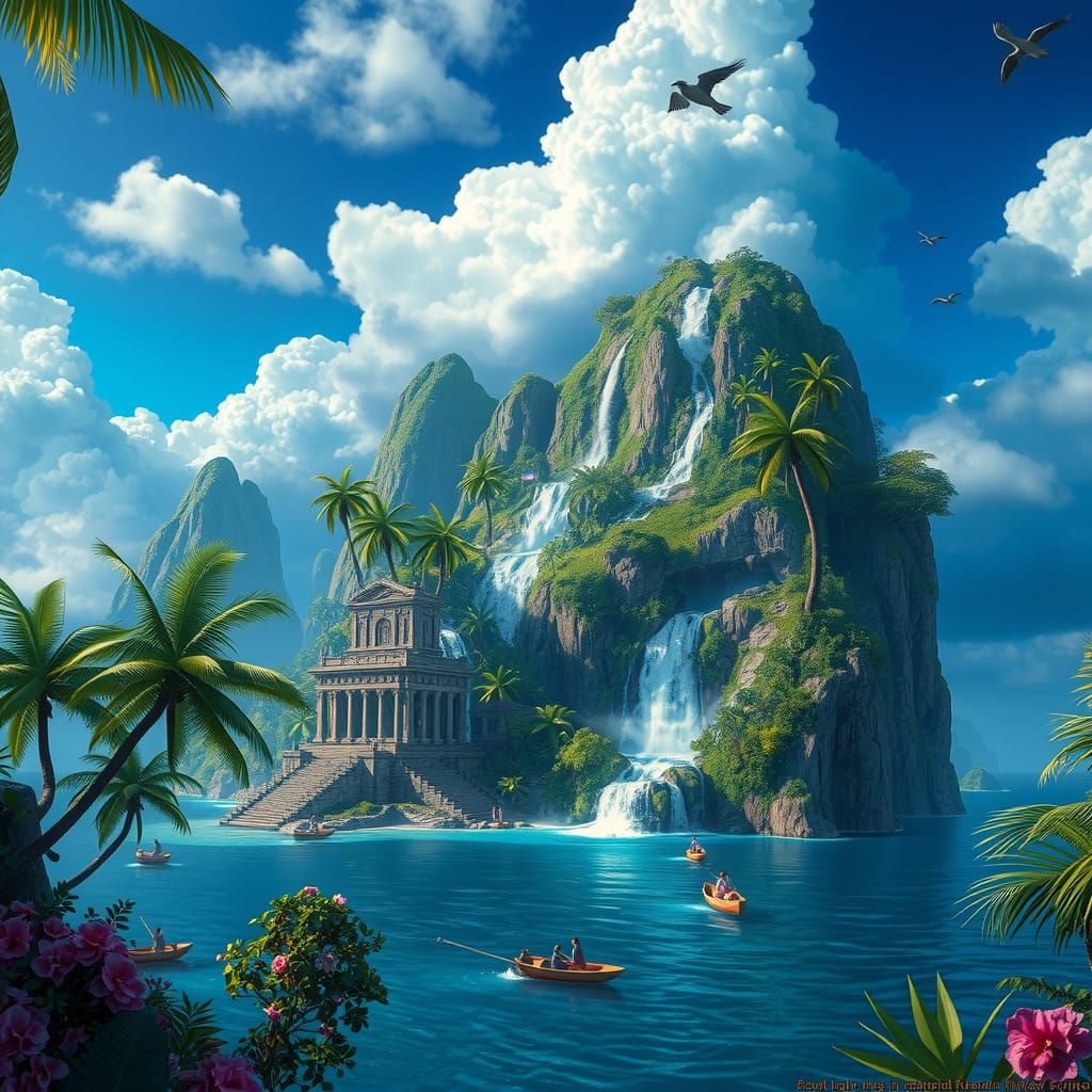 Lush Island Paradise with Ancient Ruins, Matte Painting