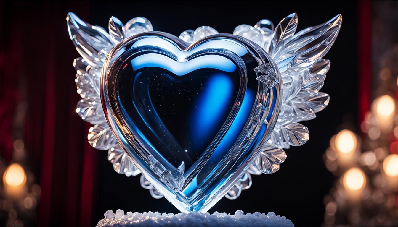 Icy Cupid Heart Sculpture with Dramatic Lighting