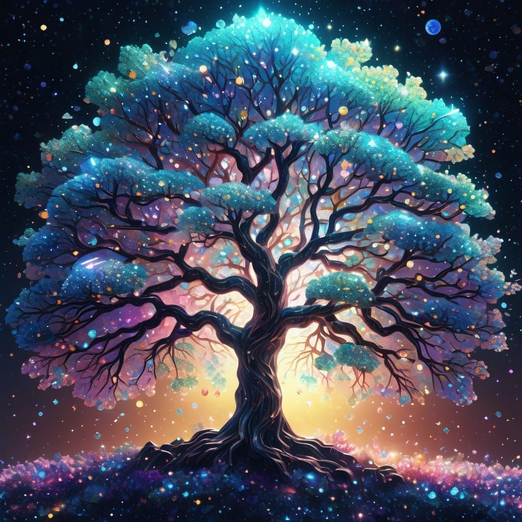 Ethereal Glass Mosaic Tree in Cosmic Splendor