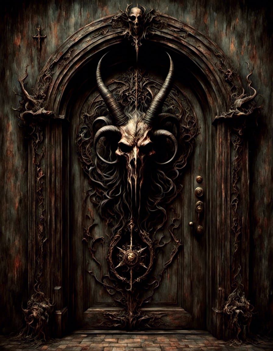 Antique Door with Satanic Emblem and Baphomet