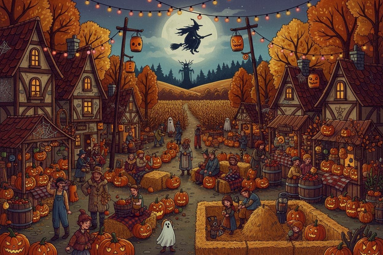 Spooky Halloween Harvest Village Festival at Dusk