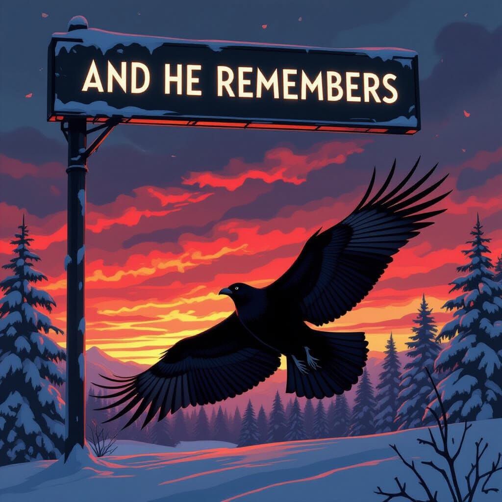 Raven in Winter Sunset Landscape