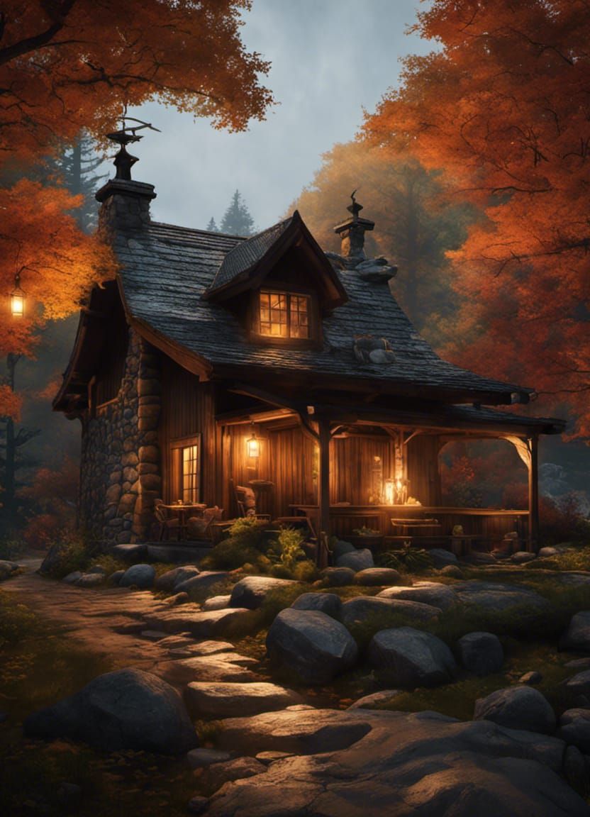 Cozy Cabin in Dark Fantasy Style
