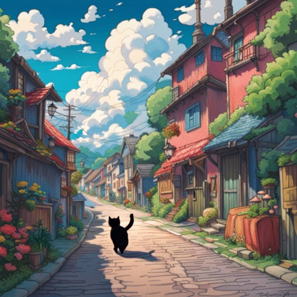 Cat in Village Street, Studio Ghibli Style