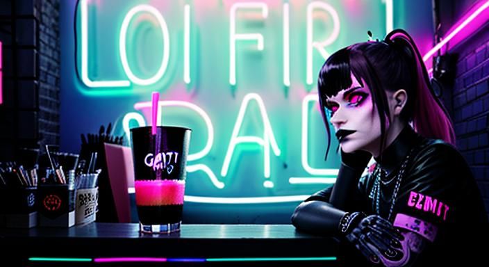 Gothic Model in Neon-Lit Coffee Shop with Bats