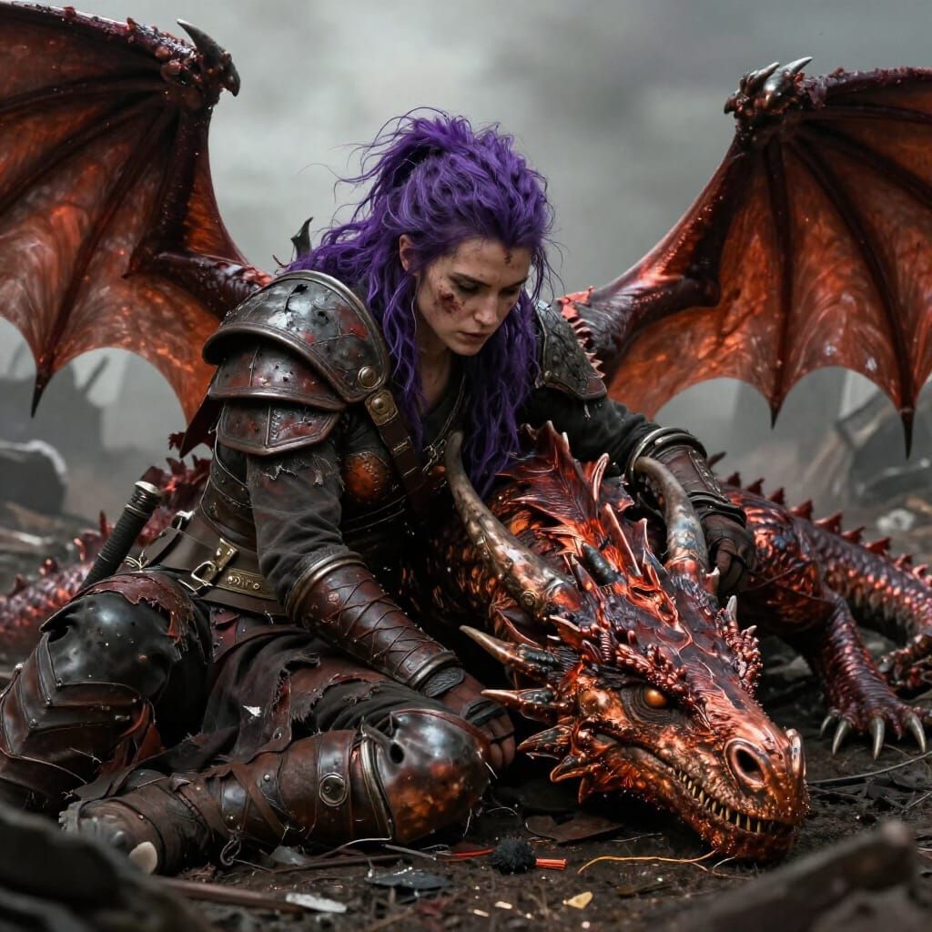 Exhausted Warrior and Dragon on Battlefield