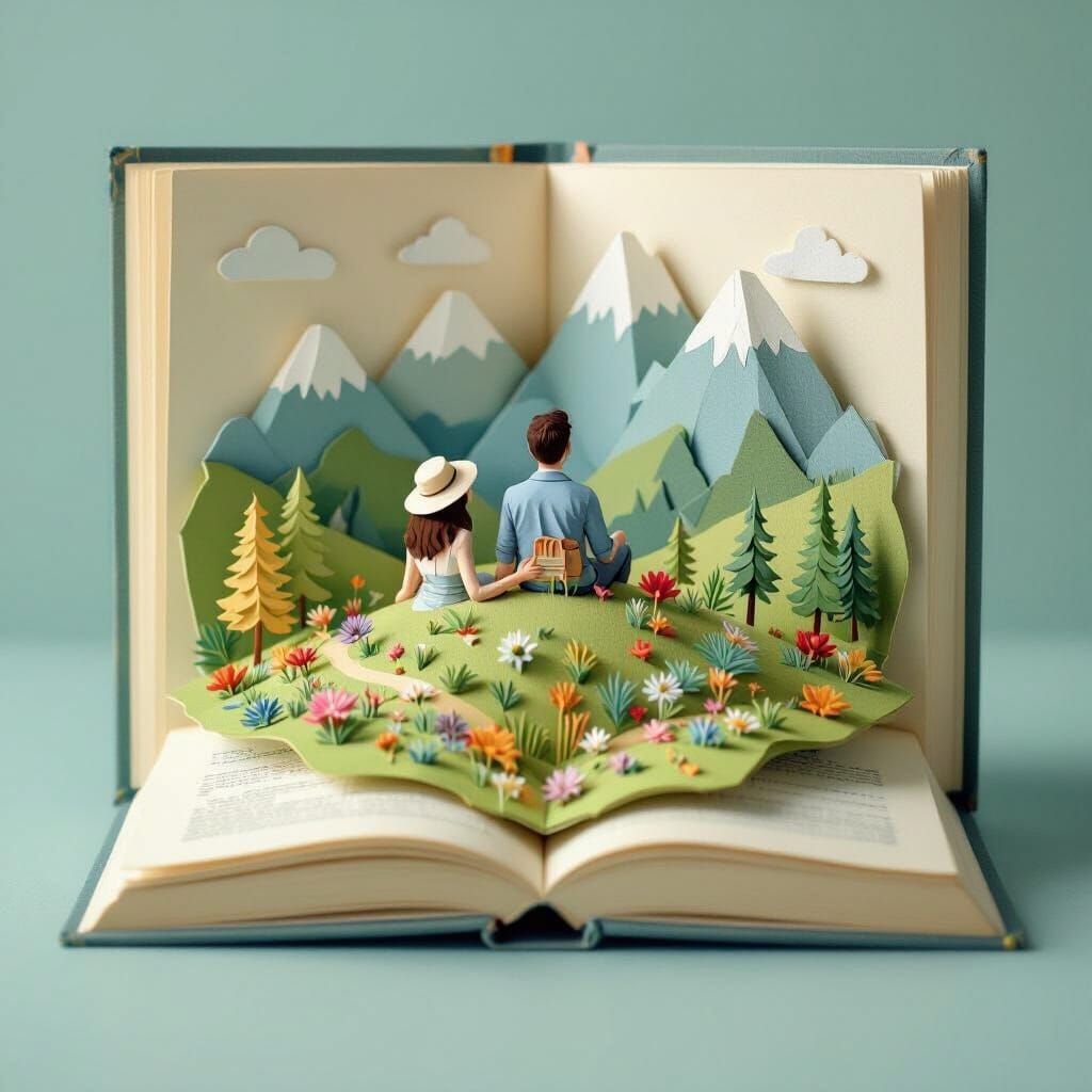 Romantic Couple Gazing at Hillside in 3D Pop-Up Book
