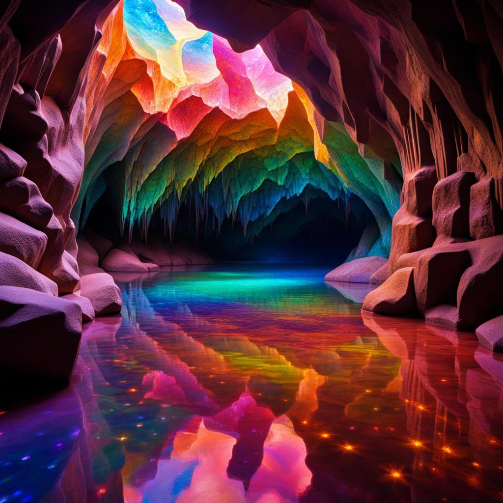 Iridescent Crystals Light a Fantasy Cave