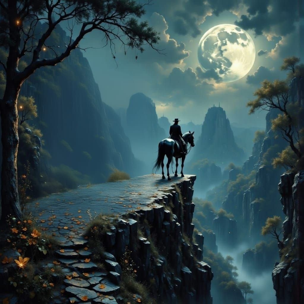 Gothic Carriage on Moonlit Cliffside Path