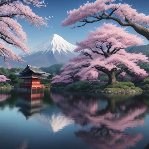 A beautiful ancient sakura tree in front of a lake. Mountains and Japanese temples in the background.