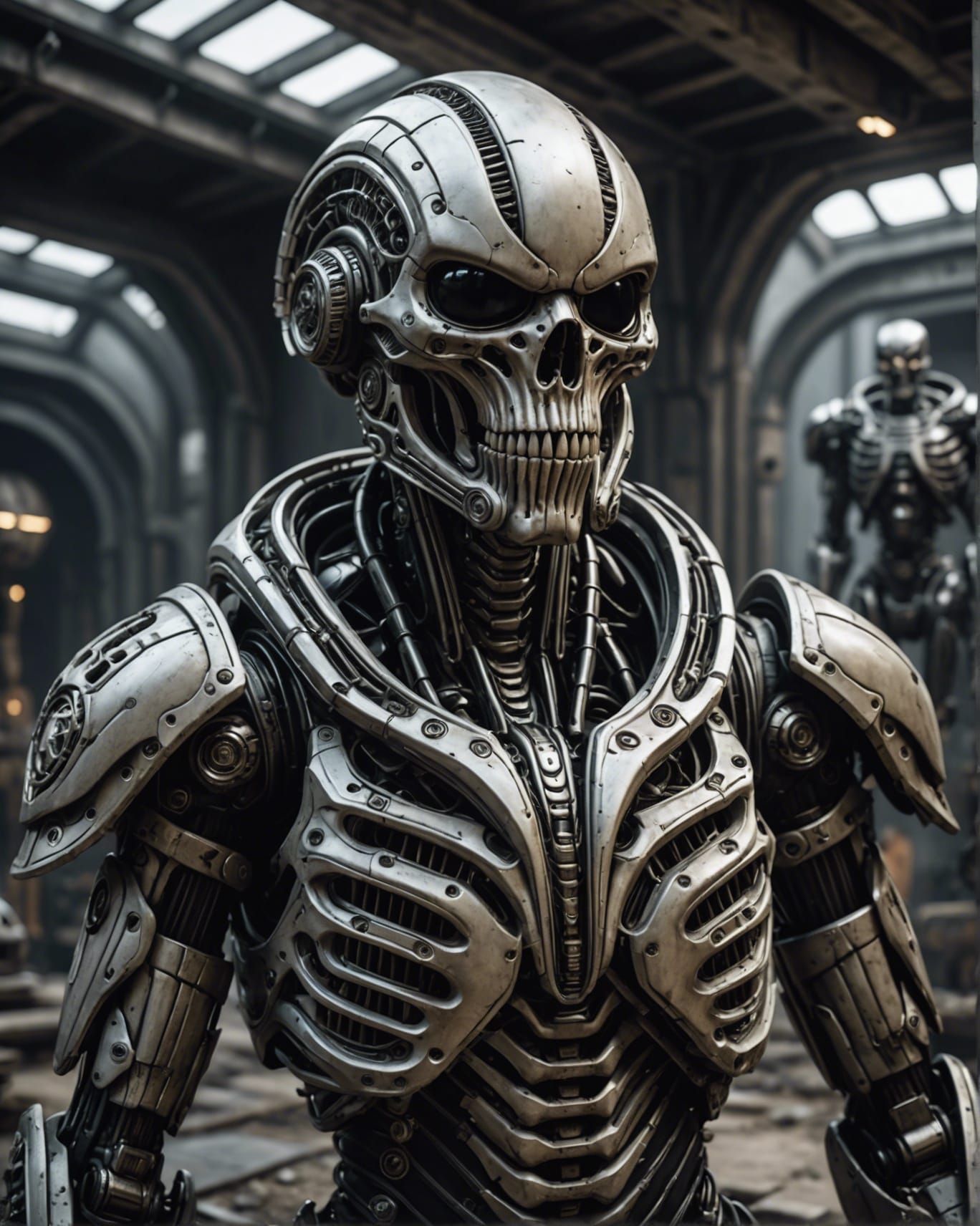 Biomechanical Bone Armor Warrior in Dystopian Landscape