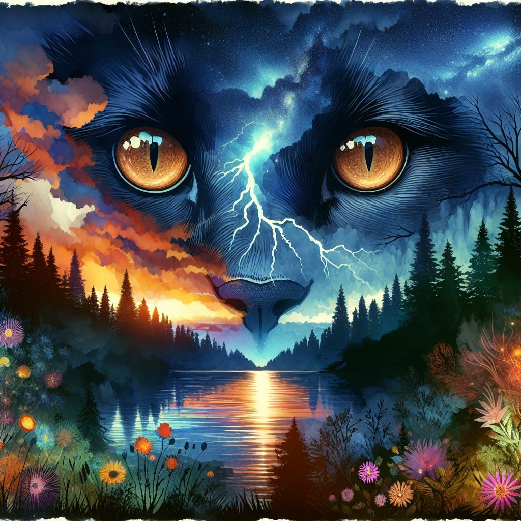 Mystical Black Cat Over Serene Lake: Watercolor Painting