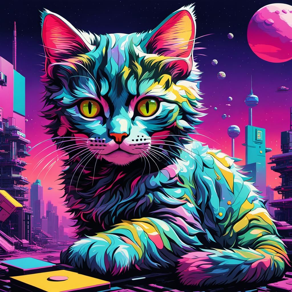 Vaporwave C64 game cover style pop art beauty hybrid futuristic kitten from space UHD, 8K, octane engine render, hires p...