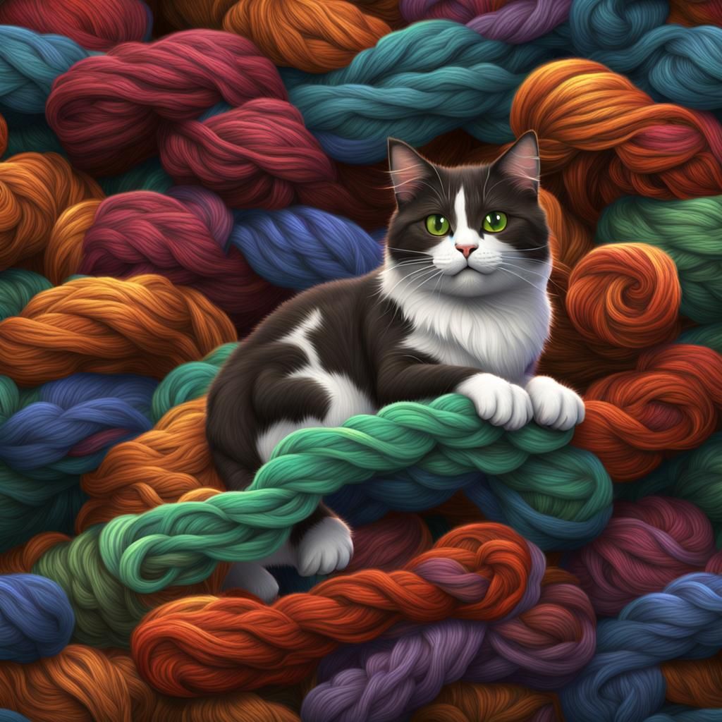 Playful Calico Cat Rolls on Colorful Yarn