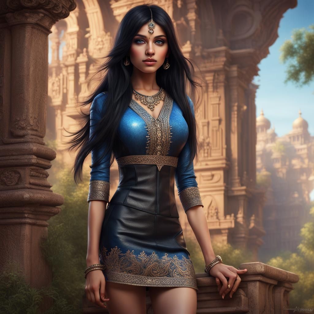 Cute Indian Girl in Black Leather Dress, Digital Art